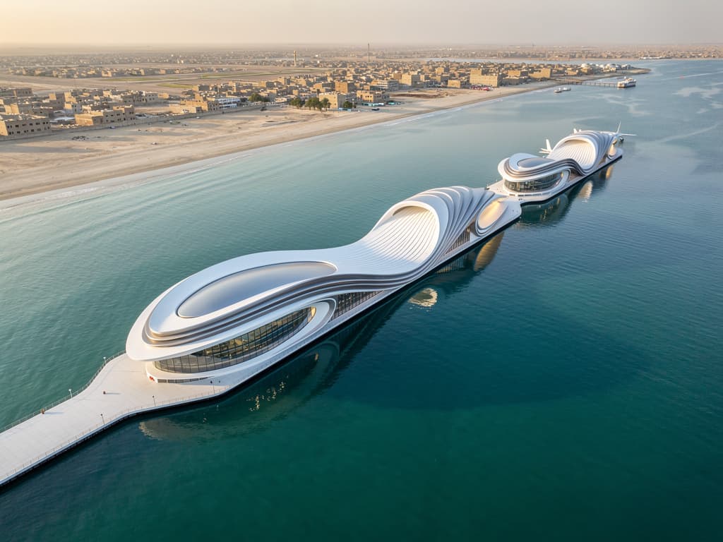 design a parametric aviation complex in middle of Chabahar inside water. the building starts from shore and continues to inside the water and away from the shore. inspired from curved creases of clothes. an image from distance of shore of Chabahar with this building being in middle of image highlighted. hyperrealistic photo. building is made of white matte and non-transparent glass panels combined with reflective glass and matte titanium panels