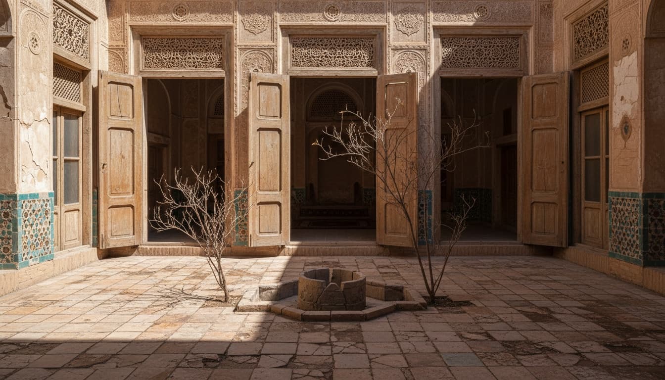 An evocative view from the central courtyard of an old Persian home, looking inward toward the living room through tall wooden doors worn smooth by time. The façade is adorned with delicate Persian ornamentation—faded stucco reliefs, hand-carved wooden frames, and fragments of turquoise and ochre tilework, their patterns softened by decades of sun and wind. The walls carry the quiet patina of age, cracked and textured, telling stories of long summers and silent winters.
The courtyard floor is paved with broken, vintage square clay tiles, baked by hand and uneven underfoot, their earthy tones chipped and faded into warm shades of dust and rust. A small stone water fountain rests at the heart of the yard, now dry and silent, its basin cracked, echoing memories of flowing water. Around it, dead plants and a dried, skeletal tree stand motionless, their branches casting fragile shadows across the courtyard, creating an atmosphere of quiet decay, nostalgia, and timeless beauty.