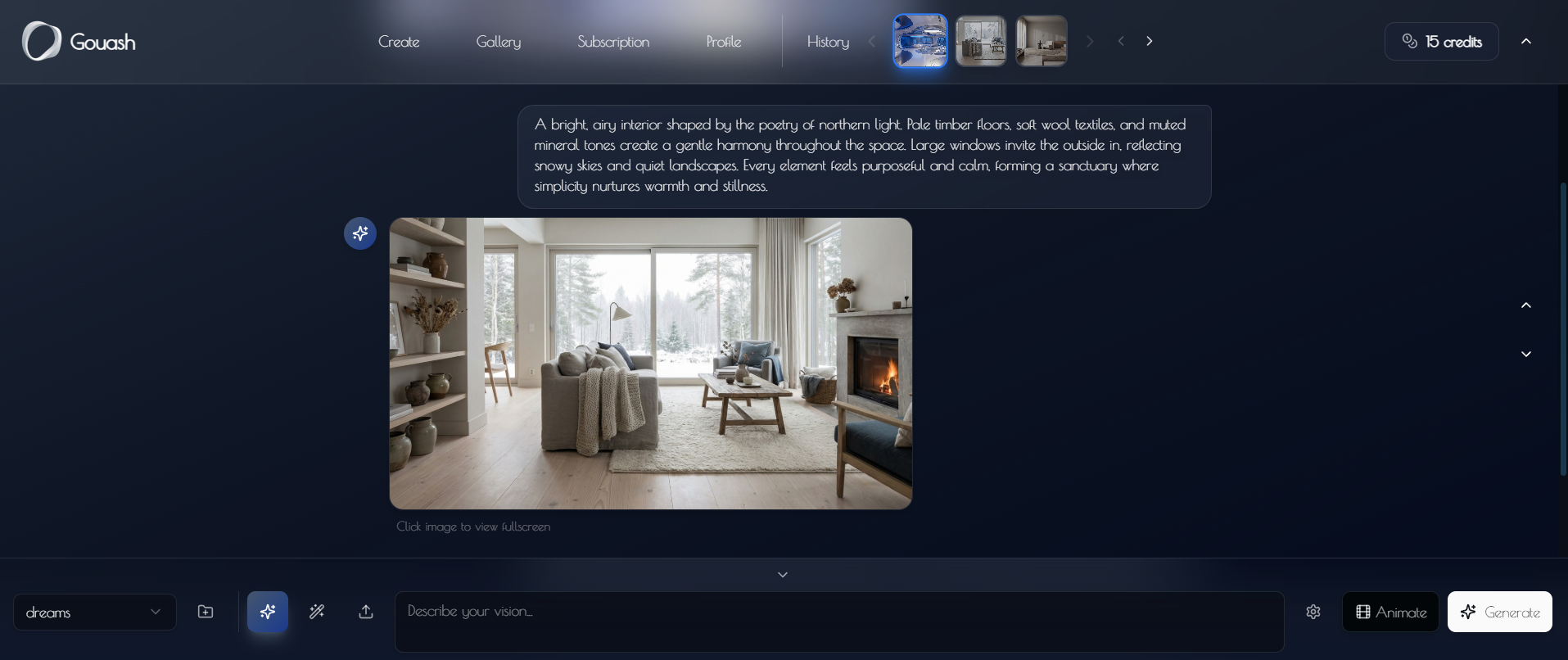 Gouash Create Interface showing generated interior design with history and credits